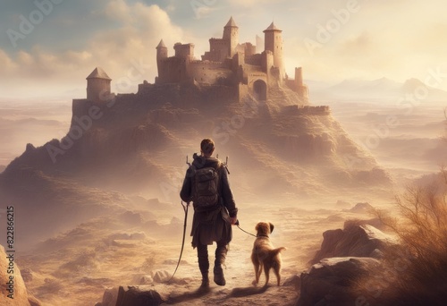 civilization landscape dog rocky traveler fortress fantasy ancient walking desert painting digital