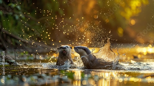 Wild Otters Playing in River under Sunset Glow