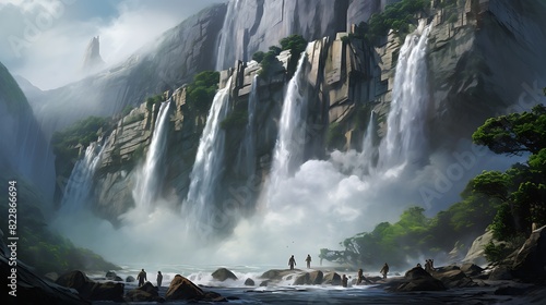 A towering waterfall plunging from a sheer cliff, with a few daredevil climbers scaling the face.