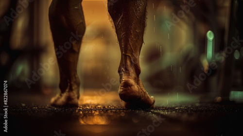 Close-up of bare human feet walking on a wet street, with water droplets visible, indicating either rainy weather conditions or a recent downpour.