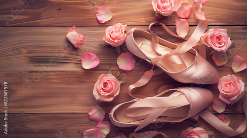 A pair of ballet pointe shoes with satin ribbons surrounded by pink rose petals and whole roses on a warm wooden floor.