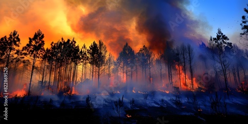 Devastating Wildfire Destroys Pine Trees During Dry Season - Global Consequences. Concept Wildfire Crisis, Pine Tree Destruction, Global Impact, Dry Season Consequences