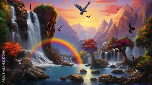A vibrant waterfall tumbling through a colorful canyon, with a few exotic birds flitting about.