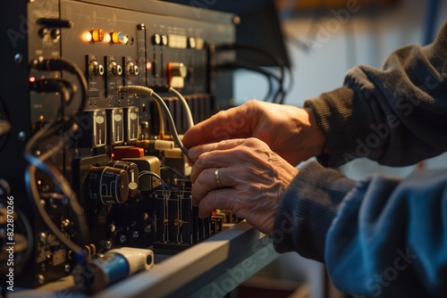 Close-up of a technician testing amplifiers, highlighting the meticulous calibration process essential for optimal theater sound.