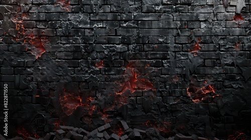 wallpaper a blackened brick wall in apocalyptic times with cracks of red within the bricks, destroyed ruble is in front of the brick wall