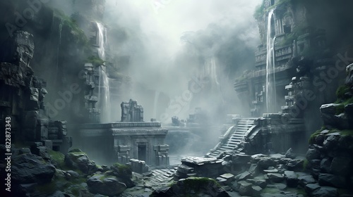 A mystical waterfall shrouded in mist and legend, with a few ancient ruins scattered about.