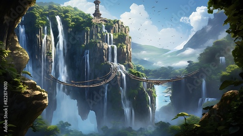 A breathtaking waterfall dropping from a towering arch, with a few adventurous souls rappelling down.