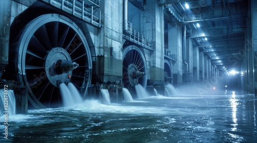 Inside the hydro plant large turbines spin silently generating power from the force of water in a clean and renewable energy process.