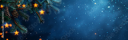 Blue Christmas and New Year background with fir branches. Perfect for festive greeting cards, banners, or promotional materials.