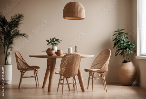 minimalist vase beige wall with space kitchen composition leaf with rattan pedant lamp table minimalist decor template accessories elegant chair personal home