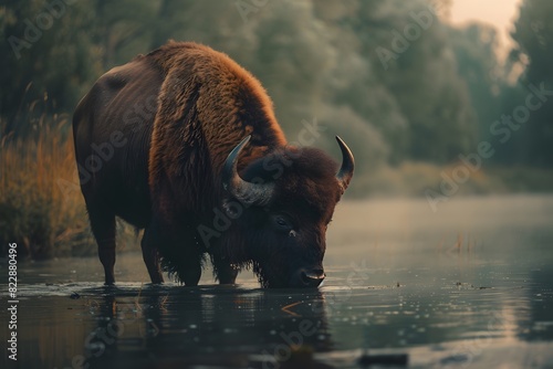 a buffalo was drinking in the river
