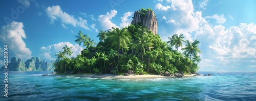 A 3D illustration of an island in the ocean, depicting an uninhabited secret pirate isle with a beach, palm trees, and a jungle. This scene captures a sense of adventure.