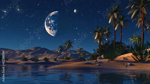 A night desert scene with an oasis under a starry sky and full moon, illustrated in 3D.