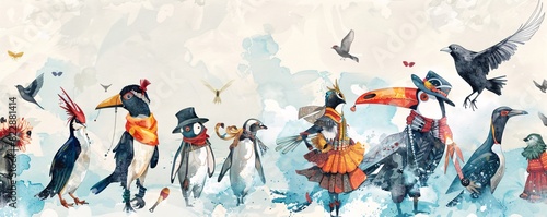 A whimsical image of birds and penguins dressed in clothes and headdresses, illustrated in a watercolor style. This vector illustration is isolated for a unique look.