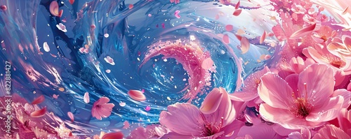 An illustration of a whirlwind surrounded by pink flower petals, creating a dynamic and colorful scene.