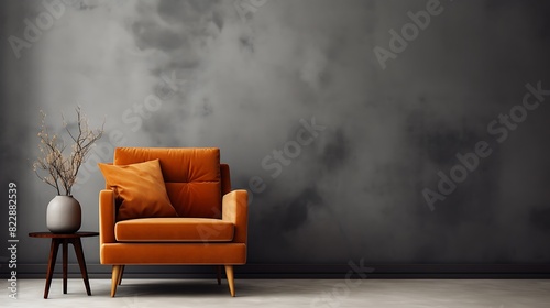 A photorealistic close-up of a retro-style living room interior with a burnt orange velvet armchair and a large grey empty wall