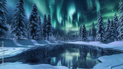 A magical 3D winter scene with snow-covered pine trees and a frozen lake that reflects the aurora borealis in the night sky. 32k, full ultra hd, high resolution