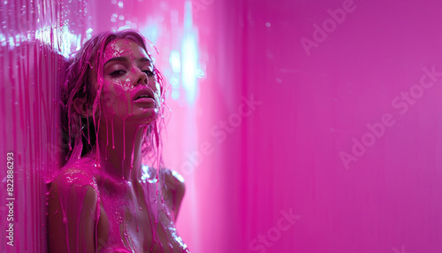 Horizontal banner. Female portrait. Young adult white woman with bare shoulders doused with bright pink paint near wall. March 8, feminism, beauty, creativity, relax. Magenta oil, ink, slime, sludge