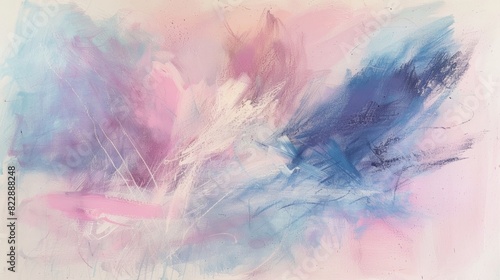 An abstract pastel drawing featuring soft muted tones of pink blue and lavender giving a serene and ethereal feel to the piece.