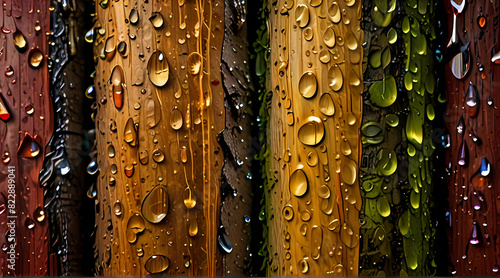 Close up of Raindrops On Vibrant Tree Trunk Surface Background