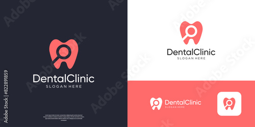 Simple dental care with search symbol logo design.