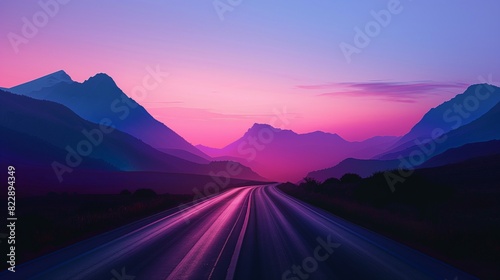 A mountain road at twilight, with the silhouette of mountains against a lavender and pink sky. The road reflects the colors of the twilight sky. 32k, full ultra hd, high resolution