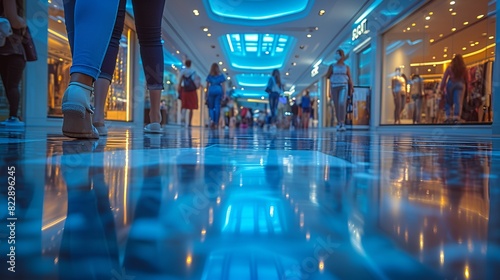 Low angle view - shopping mall. - bright colors - retail stores - holiday shopping