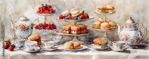 A refined high tea setup with tiered trays of finger sandwiches, pastries, and scones, accompanied by fine porcelain teapots and teacups