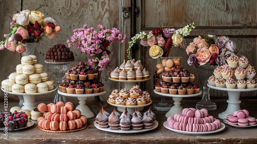 An elaborate dessert table featuring a variety of gourmet sweets like macarons, tarts, and chocolate sculptures, arranged artistically