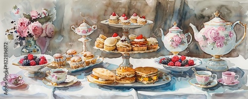 A refined high tea setup with tiered trays of finger sandwiches, pastries, and scones, accompanied by fine porcelain teapots and teacups