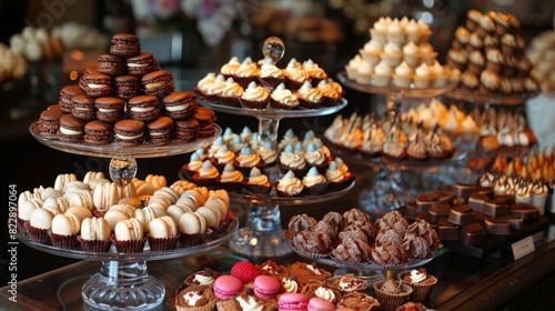 An elaborate dessert table featuring a variety of gourmet sweets like macarons, tarts, and chocolate sculptures, arranged artistically
