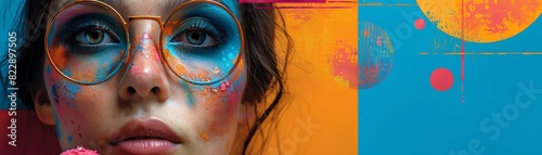 Close-up of a woman's face with colorful, artistic makeup and glasses. Vibrant orange and blue background. Creative and expressive portrait.