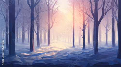 Low poly artwork, A serene winter forest scene with a magical sunrise illuminating the snow-covered ground and bare trees in a beautiful, tranquil light.