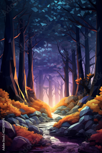 A stunning low poly art depiction of an enchanted forest with mystical lighting, vibrant colors, and a serene creek flowing through.