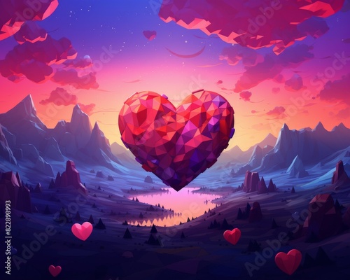 Low poly artwork, A vibrant heart floats above a mystical valley with mountains at sunset, creating a whimsical, romantic scene.