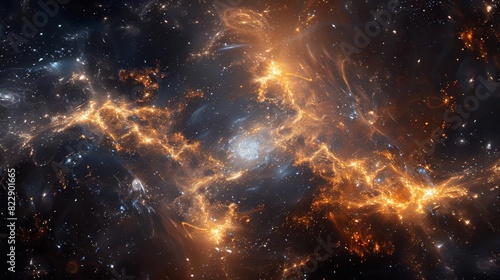 A vast cosmic scene showing dark matter as a weblike structure binding galaxies,