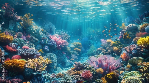 A vibrant coral reef teeming with ancient marine life during the Mesozoic era,