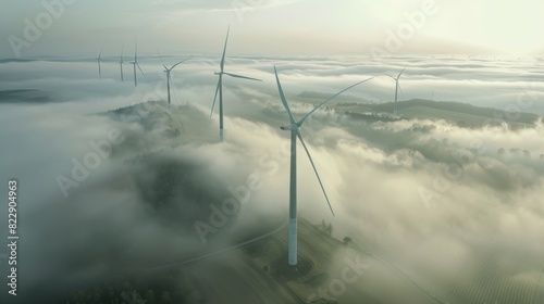 Aerial view of wind turbines in the misty countryside, showcasing their towering presence against an expansive sky.