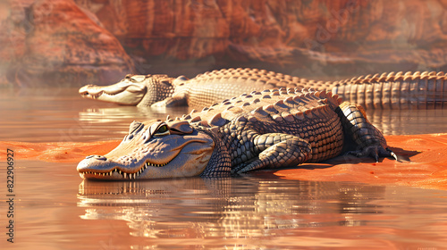 Two sleeping alligator on a riverbank wallpaper 