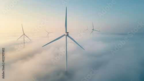 Aerial view of wind turbines in the misty countryside, showcasing their towering presence against an expansive sky.