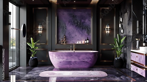 A luxurious sanctuary bathed in soft lavender tones and accented with striking black details, offering an oasis of relaxation