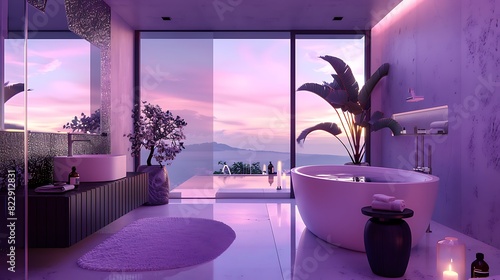 A serene, soft lavender bathroom with sleek black accents, emanating a tranquil spa-like aura