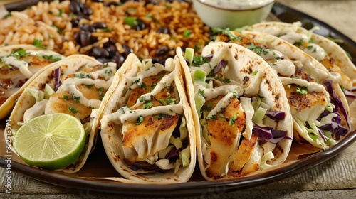 A tempting array of crispy fish tacos, featuring flaky white fish, crunchy cabbage slaw, tangy tartar sauce, and a squeeze of fresh lime, served alongside a side of seasoned rice and black beans.