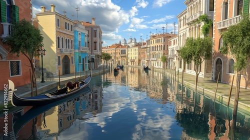 A tranquil canal winding through a charming Venetian neighborhood, with elegant gondolas gliding silently along the water's surface and colorful buildings reflected in its glassy depths