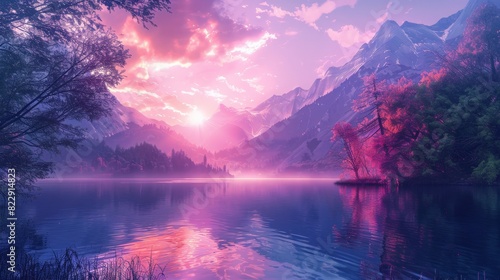 Serene lake with mountains and pink sunset, vibrant colors reflecting in water, surrounded by trees and peaceful nature scenery.