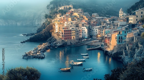 An idyllic seaside village bathed in the soft light of dawn, with pastel-colored buildings nestled along a rocky coastline and fishing boats bobbing gently in the harbor. 