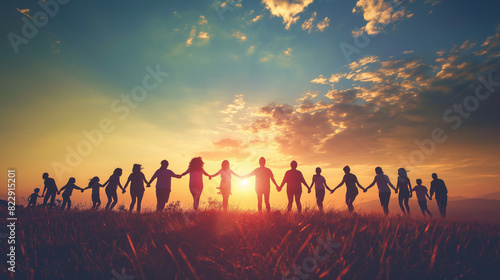 Internationaler Tag der Freundschaft am 30. Juli Menschen in einer Reihe viele Personen Hand in Hand als Silhouette vorm Sonnenuntergang Weltkarte im Hintergrund Generative AI