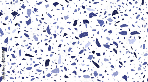 Grunge blue terrazzo seamless pattern. Vector terazzo ornament, flooring tile or speckled textured concrete surface, featuring scattered irregular shapes and fragments in shades of azure and grey