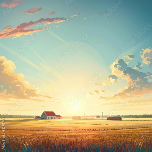 A beautiful landscape of a wheat field with a farmhouse in the distance. The sky is blue with fluffy white clouds and the sun is shining brightly.