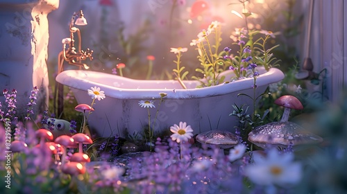 A whimsical scene of a bathtub transformed into a fairy garden, with tiny mushrooms and flowers, against a backdrop of soft lavender
